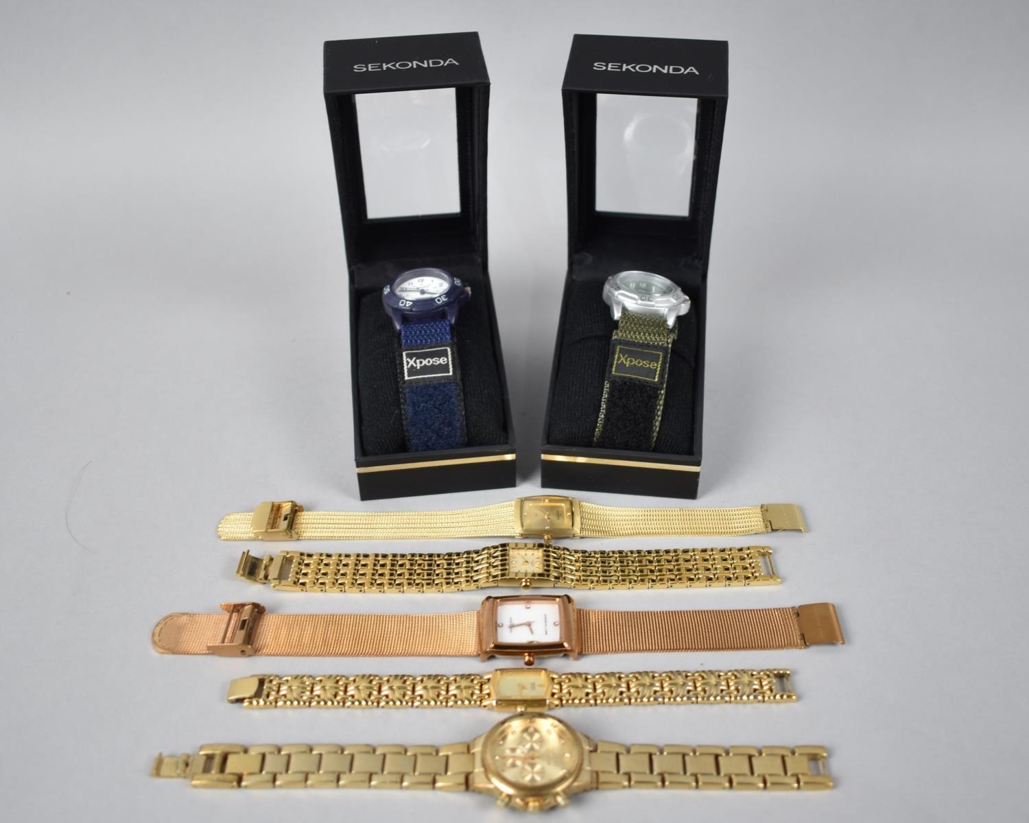 A Collection of Five Gold Plated Wrist Watches to include Christin Lars, Seiko, Rotary, Skagen and