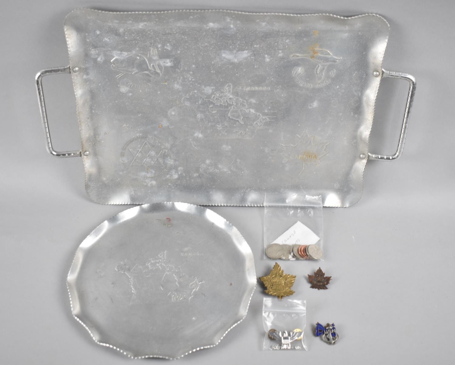 A Collection of North American Ephemera to include Two Aluminium Trays, Canadian Coins, Military