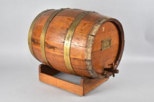 A Vintage Brass Bound Oak Coopered Oloroso Sherry Barrel on Stand, Wooden Tap, Missing One Brass