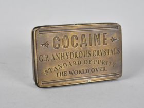 A Brass Tin, Hinged Lid Labelled "Cocaine", 13.5cms Wide