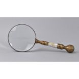 A Modern Brass and Mother of Pearl Handled Desktop Magnifying Glass, 26cms Long