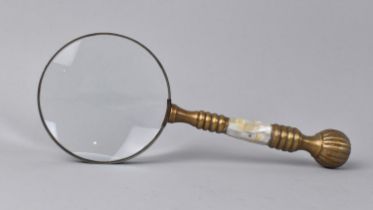A Modern Brass and Mother of Pearl Handled Desktop Magnifying Glass, 26cms Long