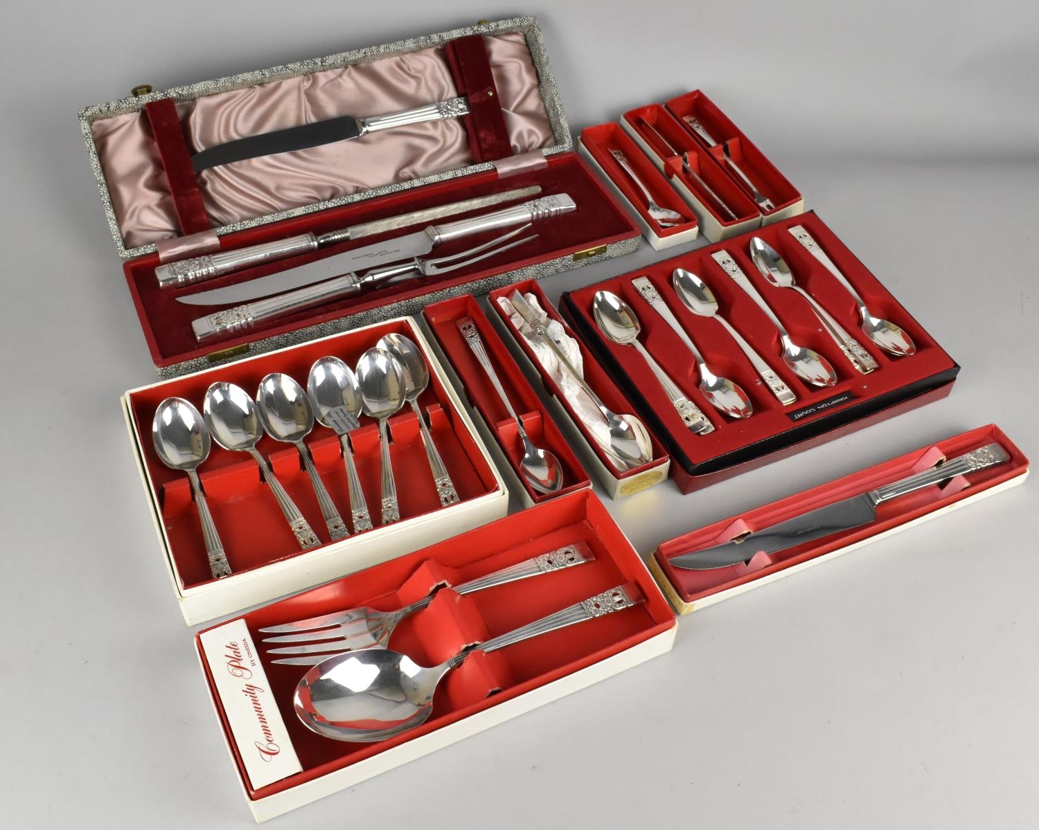 A Collection of Boxed Community Plate by Oneida Cutlery to Comprise Cased Carving Set, Spoons etc