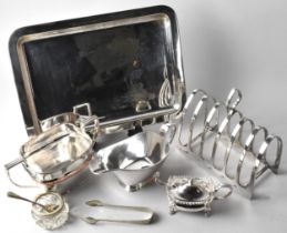 A Collection of Various Silver Plate to Include Rectangular Tray, Mustard Pot, Toast Rack, Sauce