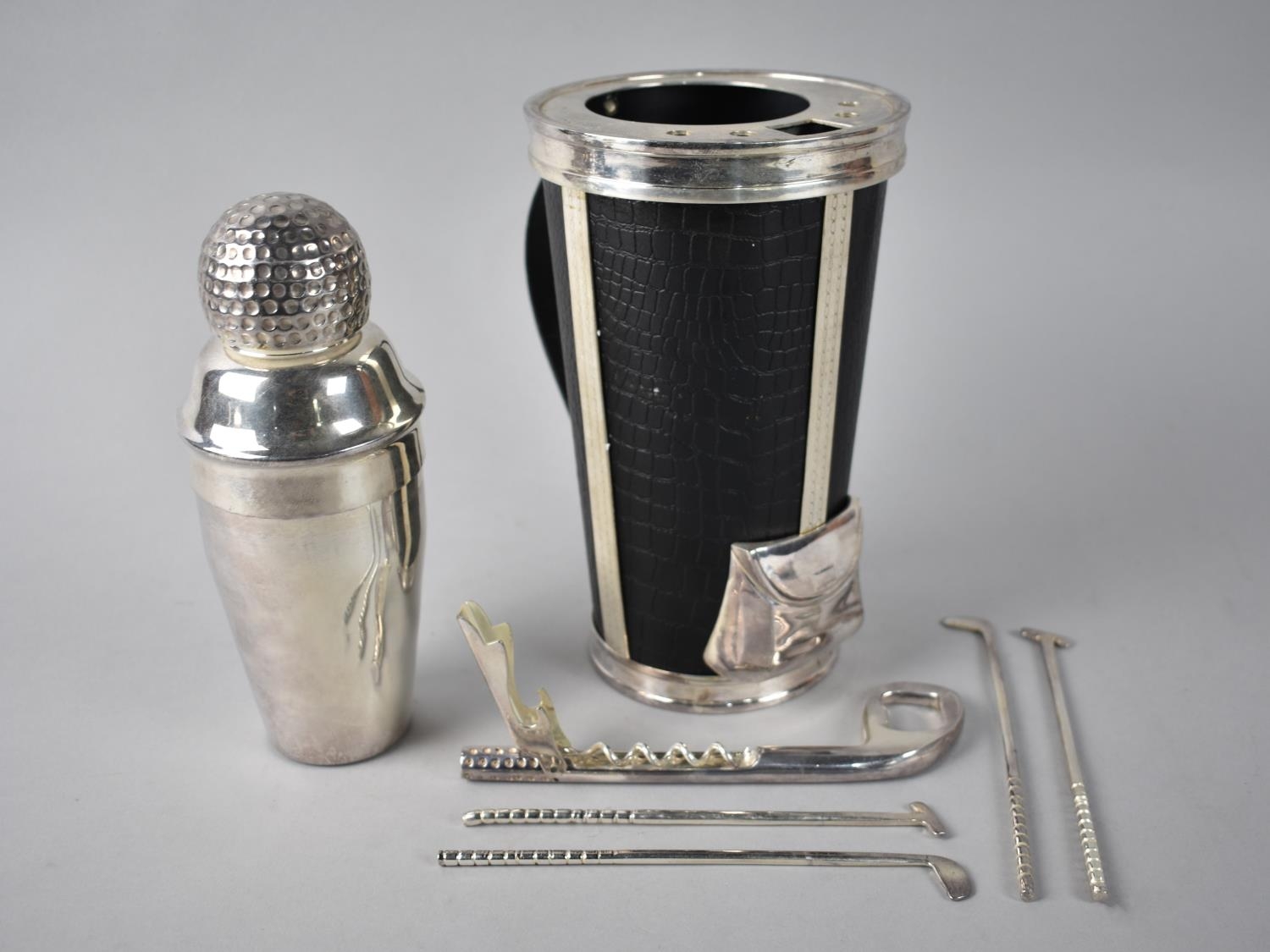 A Reproduction Novelty Bar Set in The Form of Gold Bag and Clubs to comprise Cocktail Shaker, Bottle - Image 2 of 2