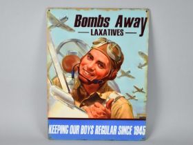 A Reproduction Advertising Poster on Tin for "Bombs Away Laxatives", 30cms by 40cms