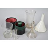 A Collection of Various Vintage Glass Measures and Funnels to include a Cased Medicine Glass and