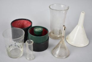 A Collection of Various Vintage Glass Measures and Funnels to include a Cased Medicine Glass and