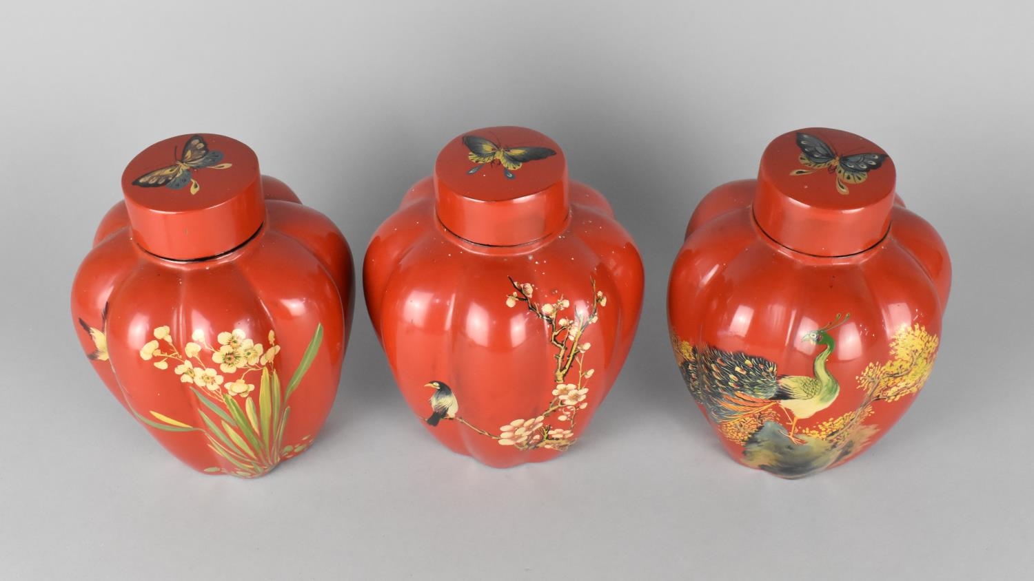 A Set of Three Oriental Lacquered Lidded Lobed Ginger Jars Decorated with Flowers, Insects and - Image 2 of 2