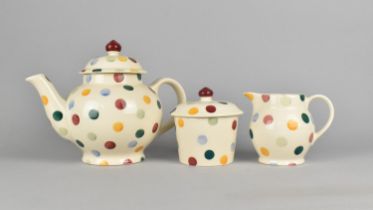 An Emma Bridgewater Three Piece Ceramic Polka Dot Pattern Tea Service to Comprise Teapot, Milk Jug