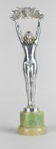 A French Art Deco Chrome Painted Metal Figure of Nude Holding Flower Garland Aloft After Jacques