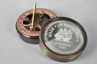 A Reproduction Circular Brass Pocket Compass, Glazed Lid Inscribed for Royal Navy London, 1941, 6.