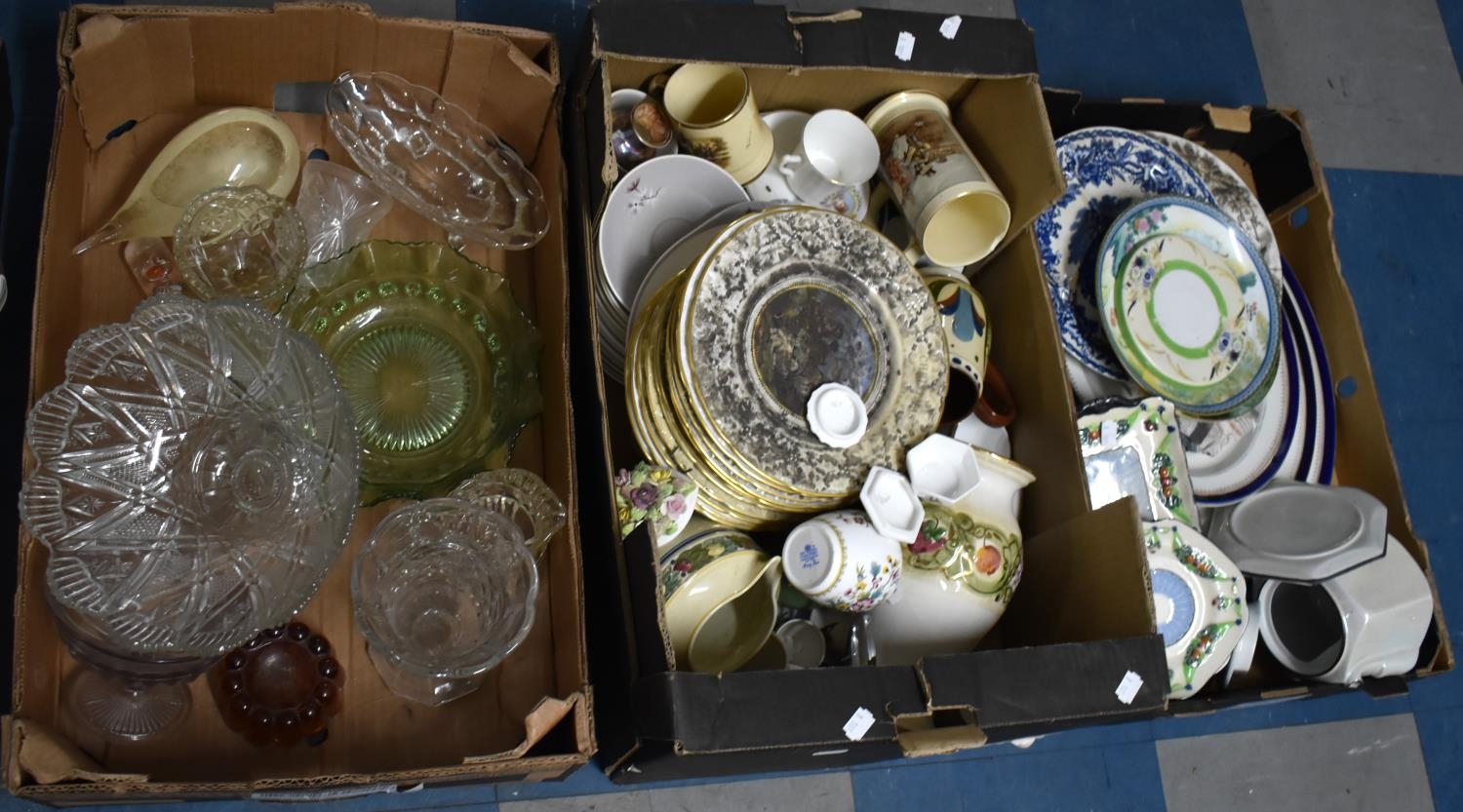 Three Boxes of Ceramics, Coalport Plates, Graduated Platters, Glassware etc