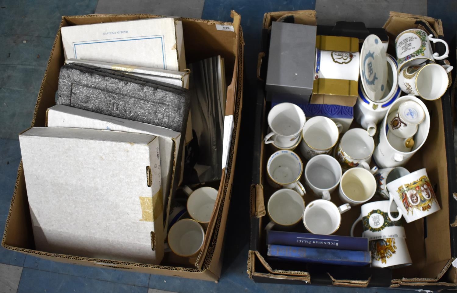 Two Boxes of Various Commemorative Items to Comprise Ceramic Mugs, Teapot, Plates etc