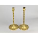 A Pair of Early 20th Century Brass Bobbin Candlesticks, 33cms High