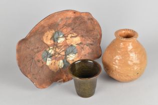Three Pieces of Studio Pottery to Comprise Globular Vase, Flared Vase with Ribbed Body and a Dish