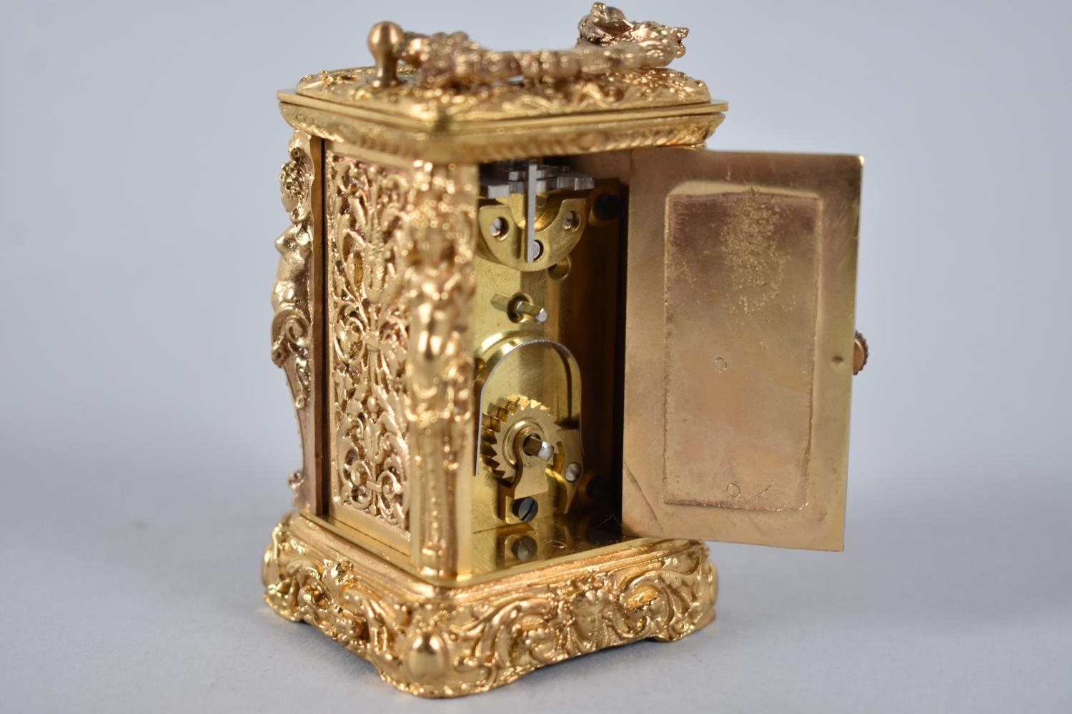 A Reproduction Ornate Gilt Brass Miniature Carriage Clock with White Enamelled Dial, Complete with - Image 2 of 2