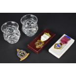 A Collection of Masonic Items to Comprise a Pair of Cut Glass Pots "Kings Friends", 7cm high, RMBI