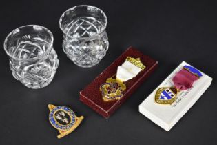 A Collection of Masonic Items to Comprise a Pair of Cut Glass Pots "Kings Friends", 7cm high, RMBI