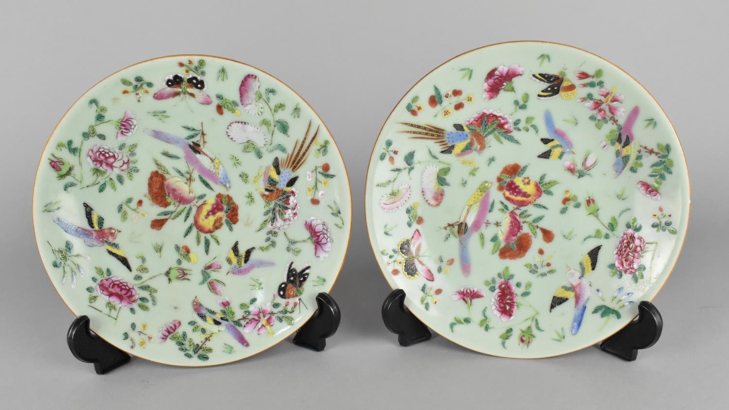 A Pair of Late Qing Dynasty Celadon Glazed Plates Decorated in the Famille Rose Palette with Birds
