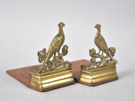 A Pair of Victorian Brass Pheasant Ornaments on Later Wooden Bases to Form Bookends, 11cms High