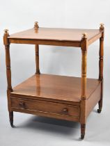 An Edwardian Two Tier Rectangular Whatnot with Base Drawer, Turned Supports and Brass Castors, 50cms