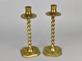 A Pair of Late 19th Century Spiralled Brass Candlesticks, 22cms High