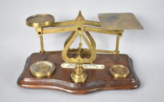 A Set of Edwardian Brass Letter Scales and Weights Set on Wooden Plinth, 19cms Wide