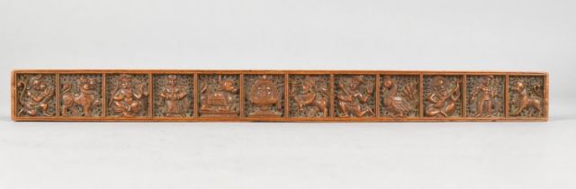 An Intricately Carved Indian Wooden Panel or Ruler, the One Side Decorated with Twelve Carved
