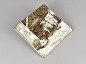 A Mintons China Works Transfer Printed Tile Depicting Cow and Calf in Cow Shed, After W. Wise 1879