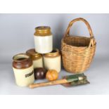 A Collection of Vintage Items to Comprise Wicker Basket Containing Wooden Bowls, Stoneware Jars