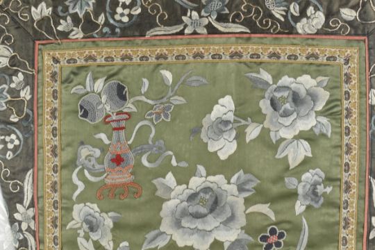 A Chinese Late Qing Dynasty Embroidered Silk Panel, Vase of Flowers and Floral Border with - Image 2 of 3