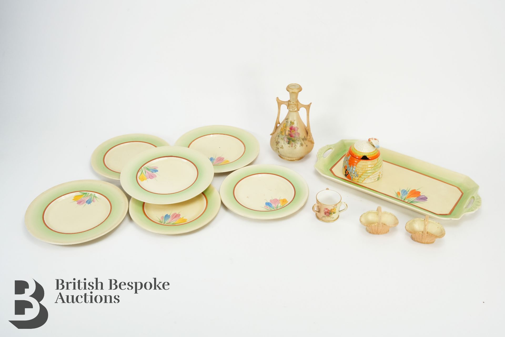 Clarice Cliff Plates and Honey Pot, and Royal Worcester Blush Ware