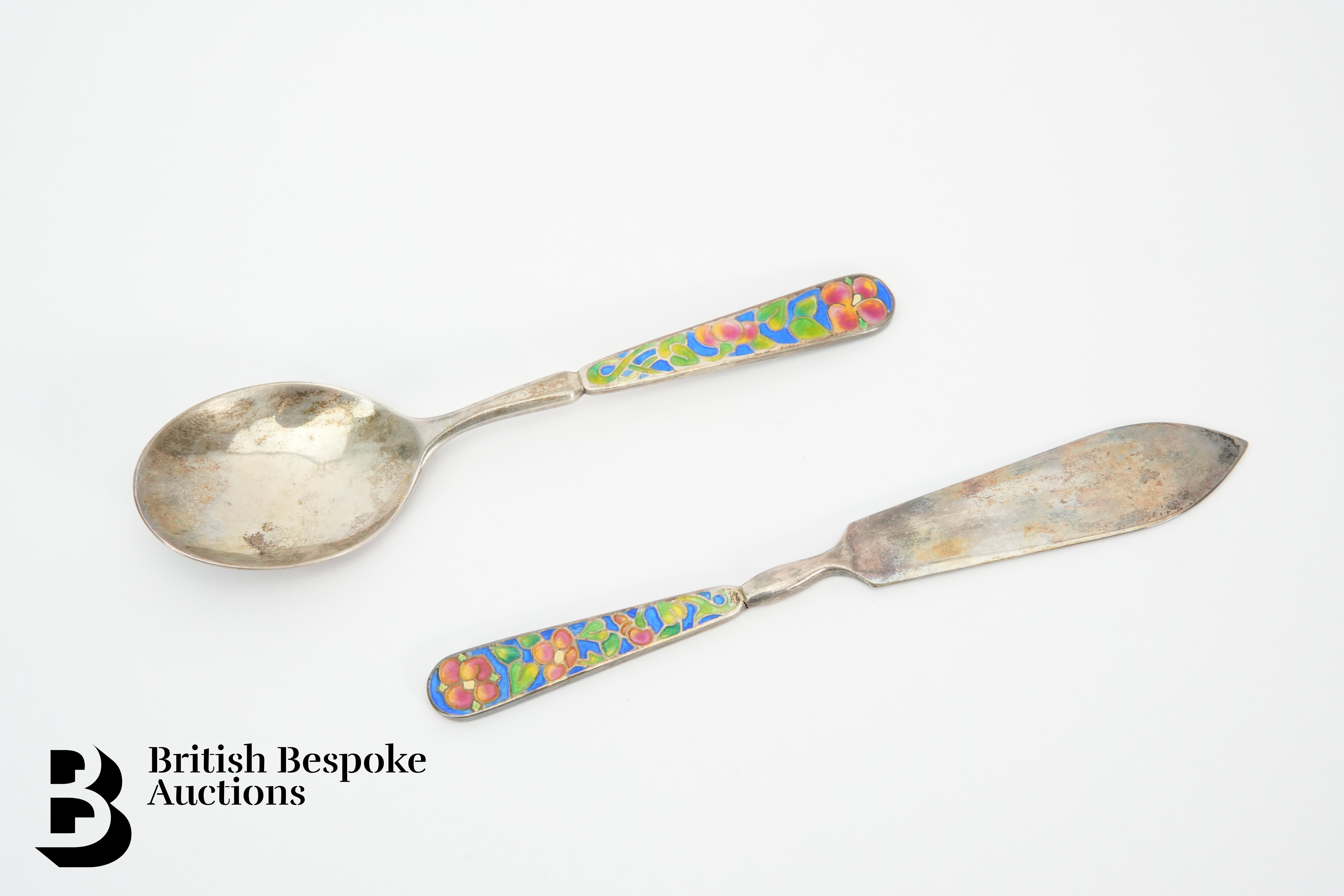 Bernard Instone Silver and Enamel Preserve Spoon and Knife - Image 3 of 3