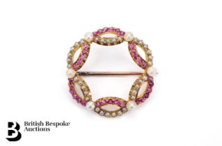 14/15ct Gold Seed Pearl and Ruby Brooch