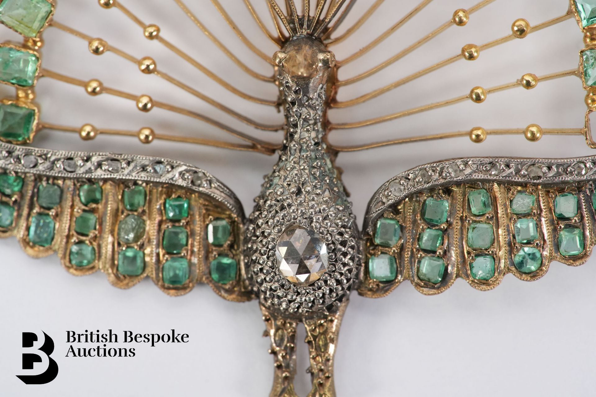 Victorian 18ct Gold Egyptian Revival Emerald, Diamond and Pearl Peacock Brooch - Image 4 of 7