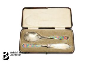 Bernard Instone Silver and Enamel Preserve Spoon and Knife