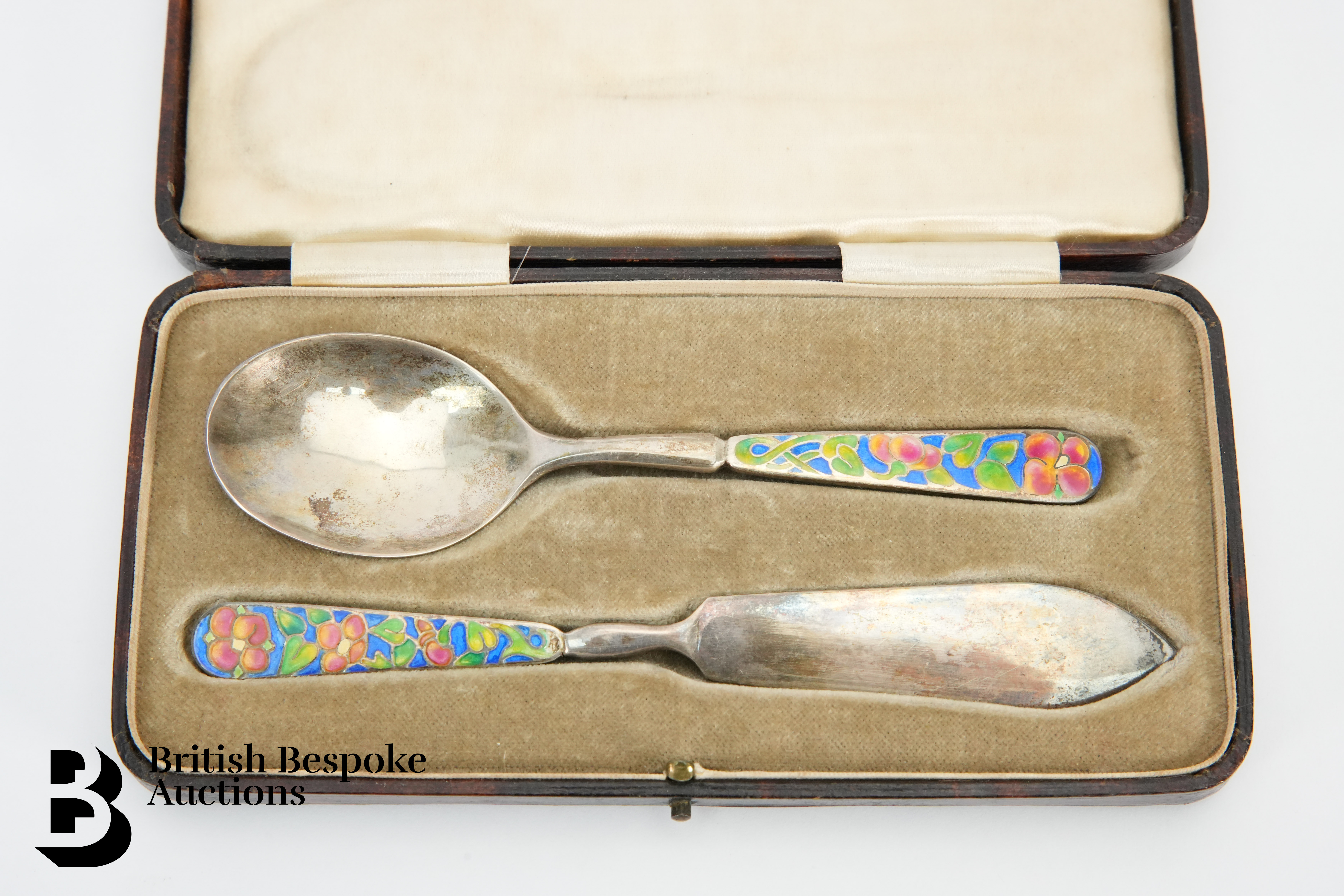 Bernard Instone Silver and Enamel Preserve Spoon and Knife - Image 2 of 3