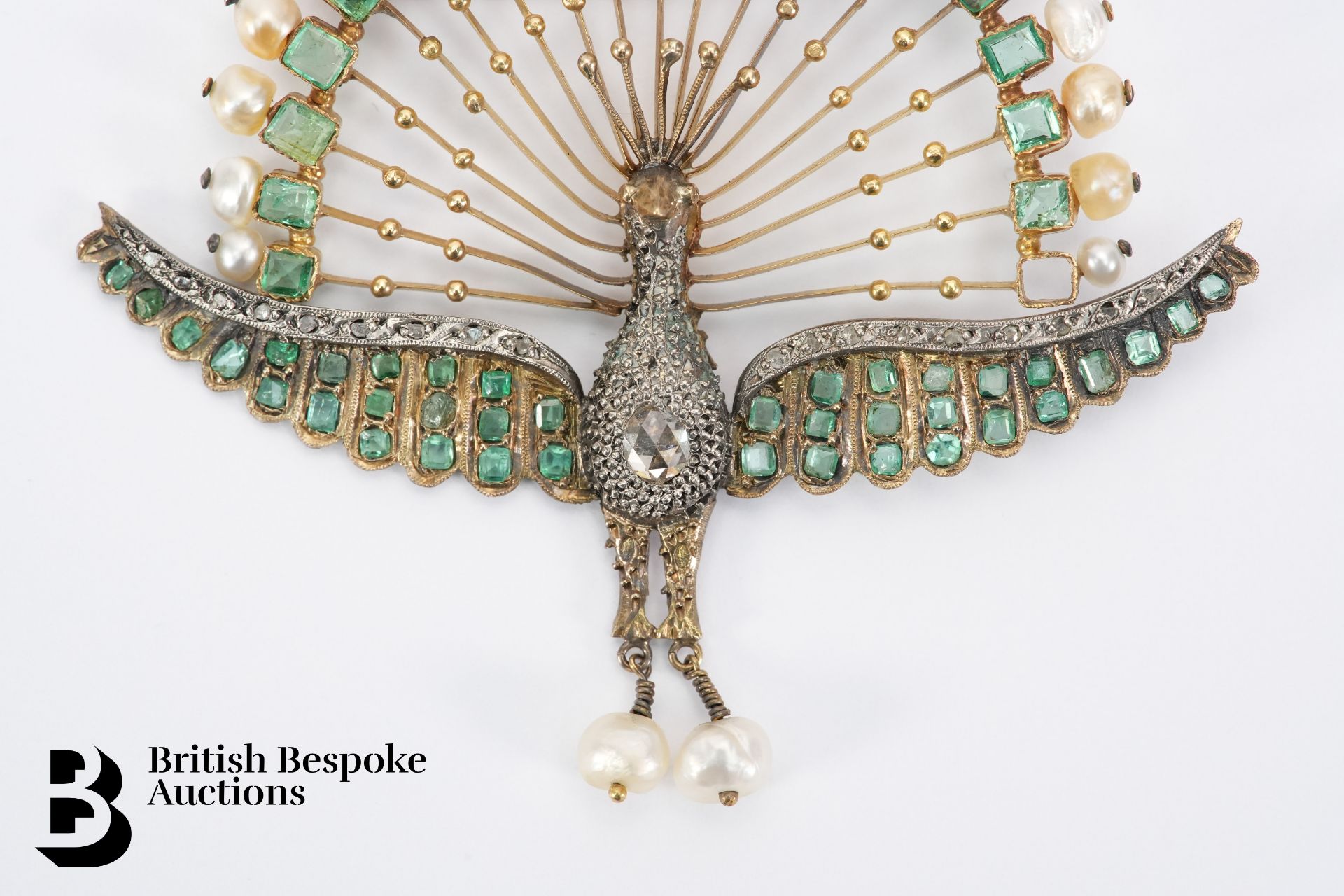 Victorian 18ct Gold Egyptian Revival Emerald, Diamond and Pearl Peacock Brooch - Image 2 of 7