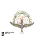 Victorian 18ct Gold Egyptian Revival Emerald, Diamond and Pearl Peacock Brooch