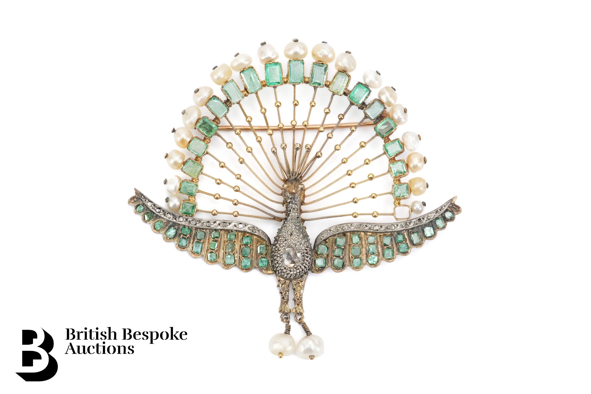 Victorian 18ct Gold Egyptian Revival Emerald, Diamond and Pearl Peacock Brooch