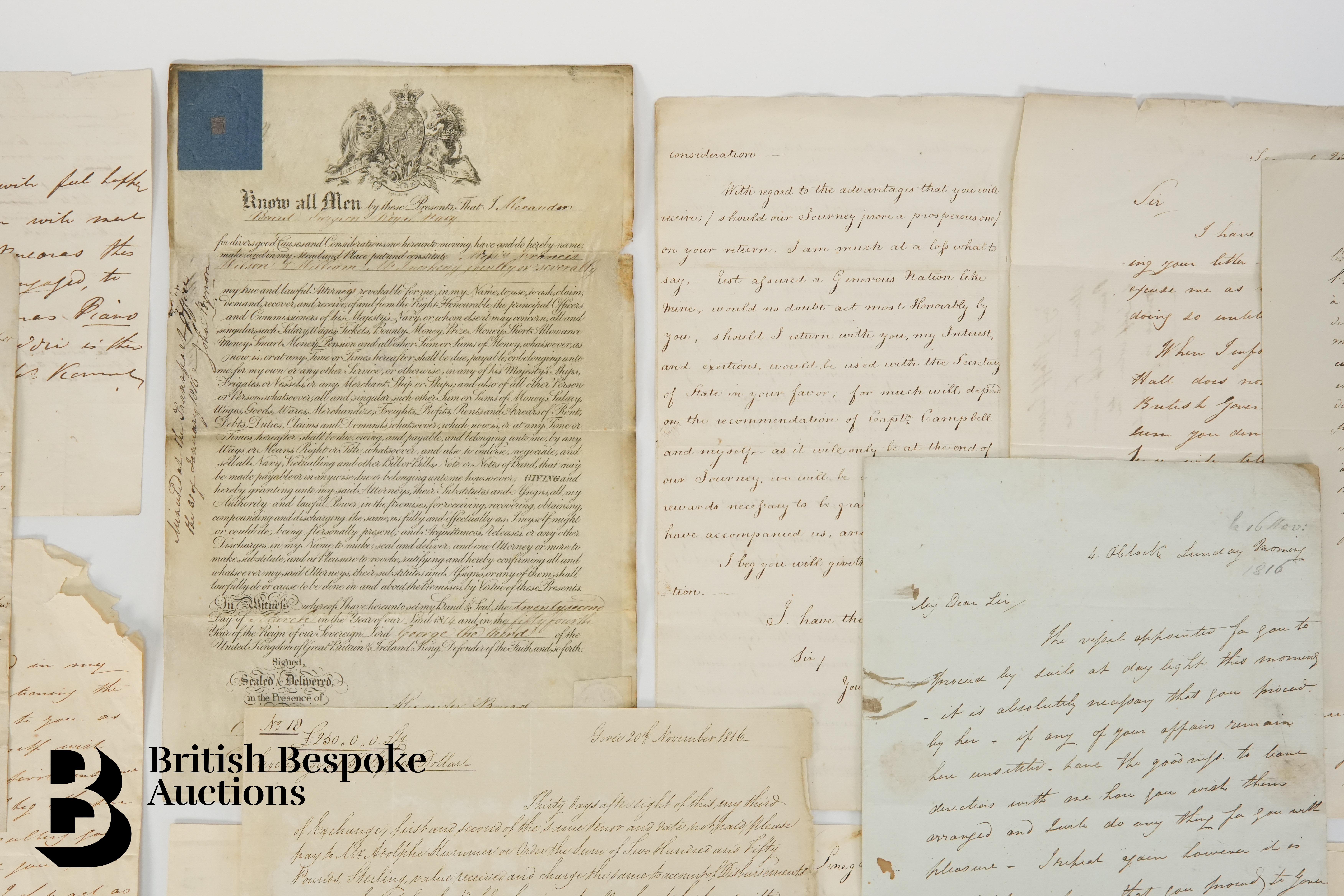 Royal Navy Surgeon Appointment of Attorney and 1816-21 Major John Peddie Correspondence - Image 4 of 7