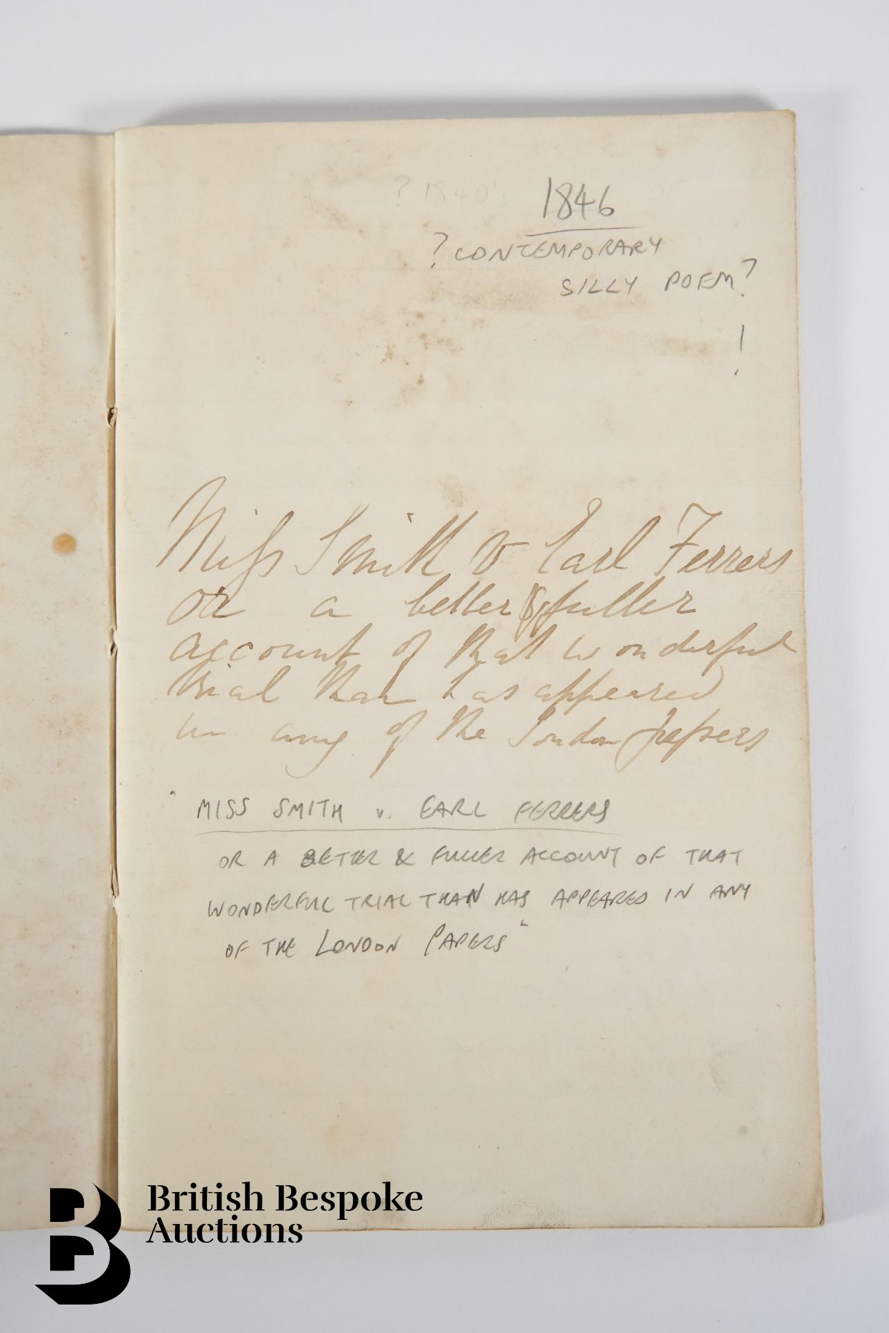 Handwritten Poetic Account of The Trial, Breach of Marriage between Miss Smith and Earl Ferrers 1846 - Bild 2 aus 5