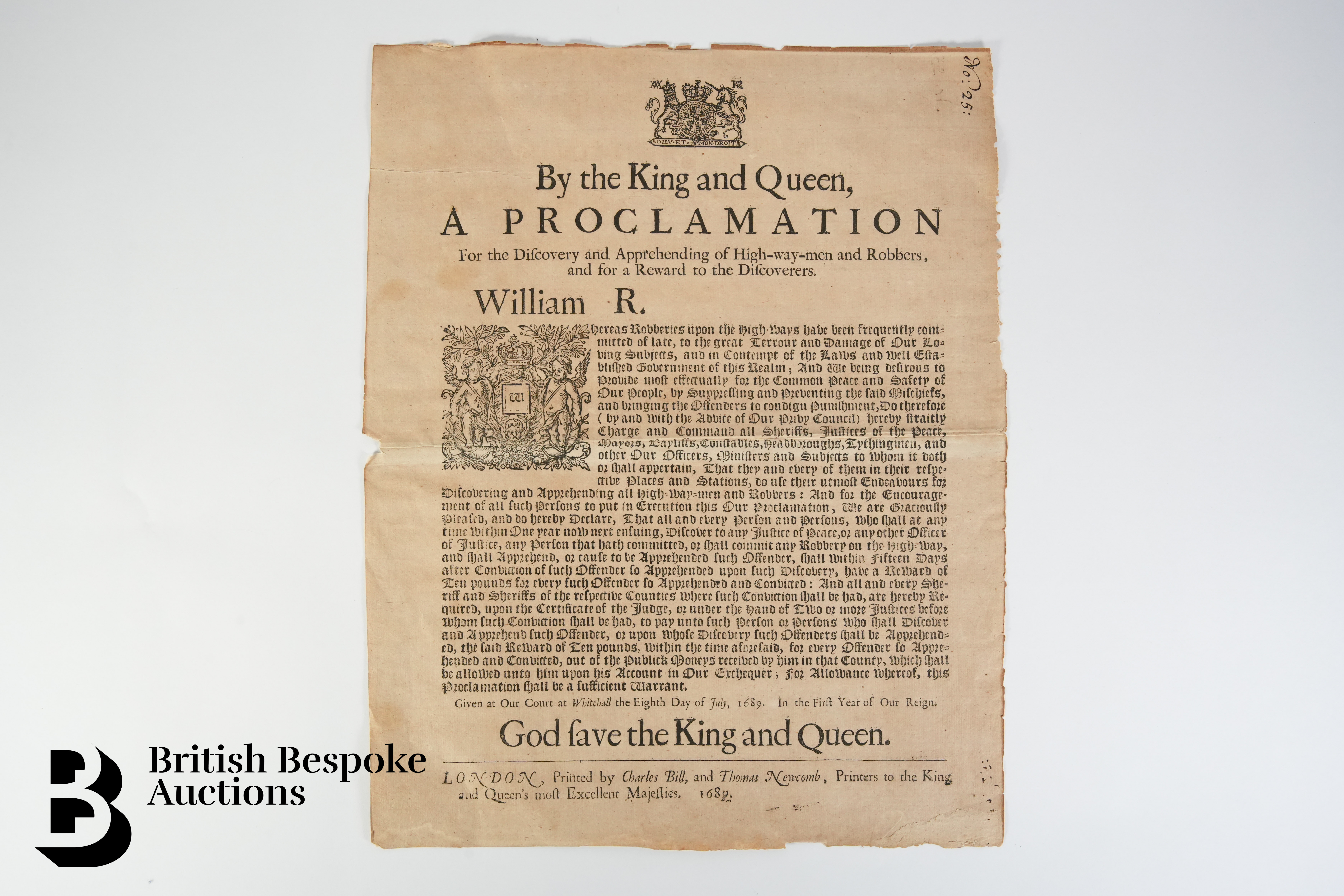 17th Century Broadside Proclamation by Joint Monarchs William and Mary