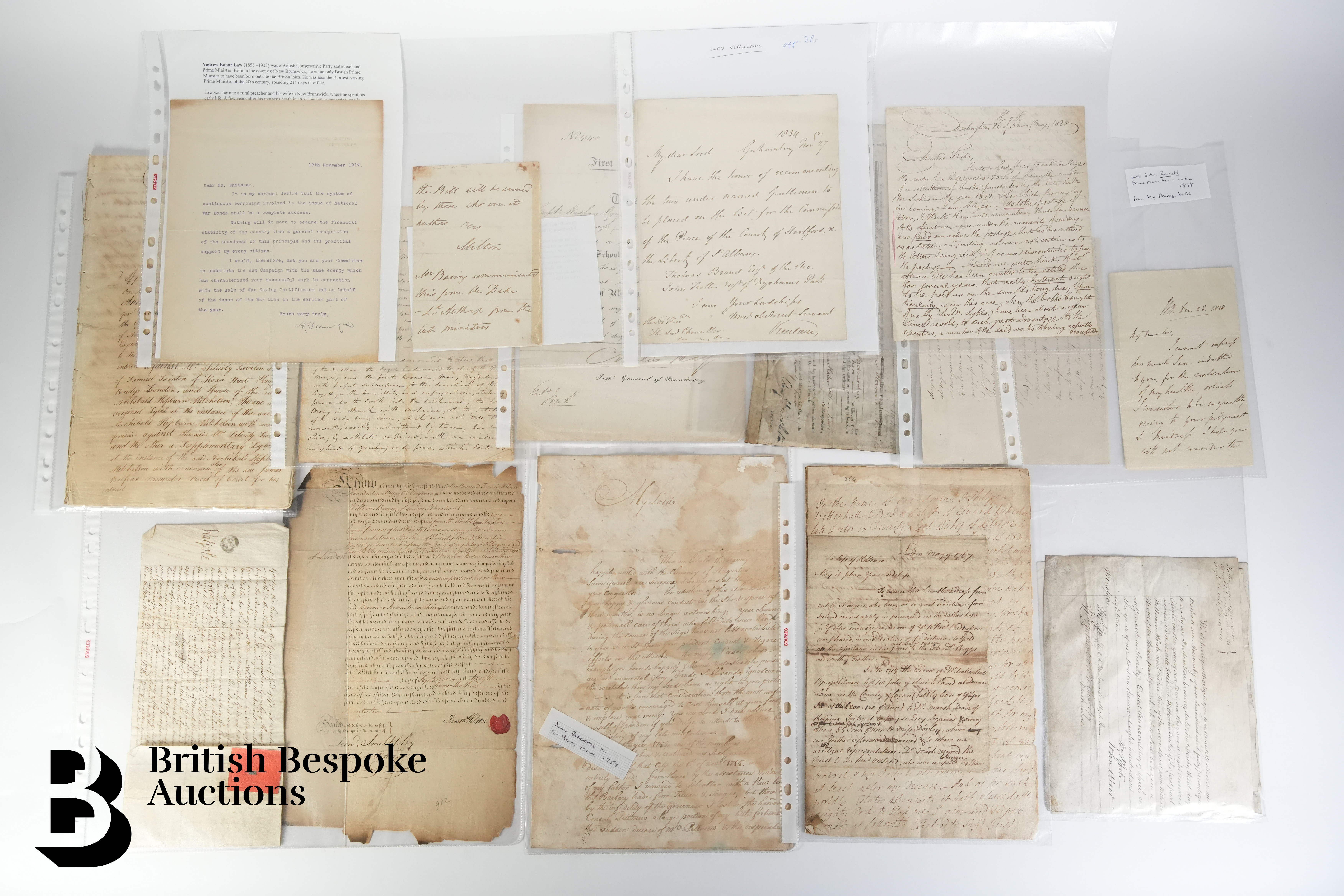 1759-1921 Various Letters and Documents including letters from Lord Russell and Andrew Bonar Law