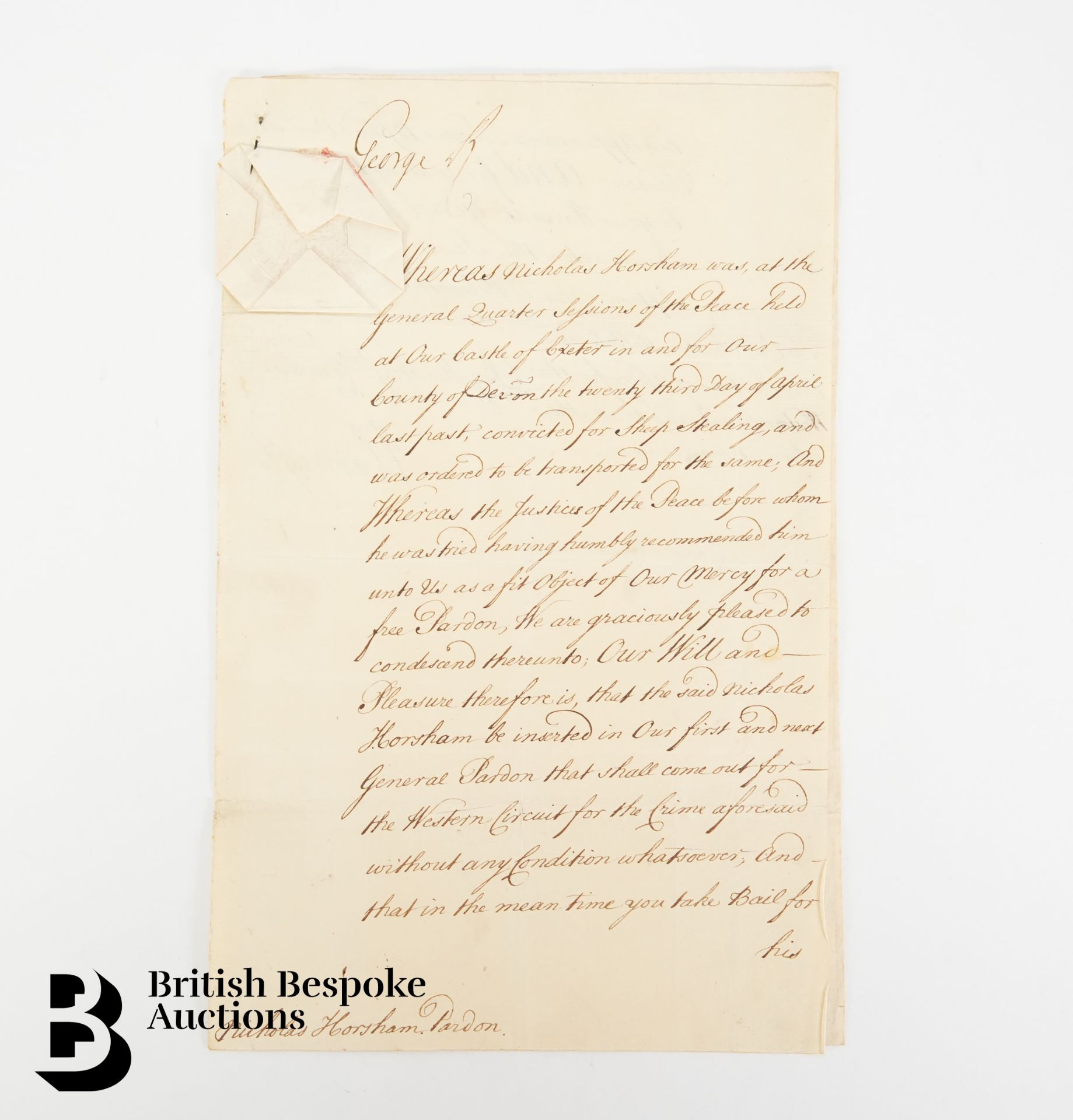 1734 George II Pardon of Nicholas Horsham - Signed