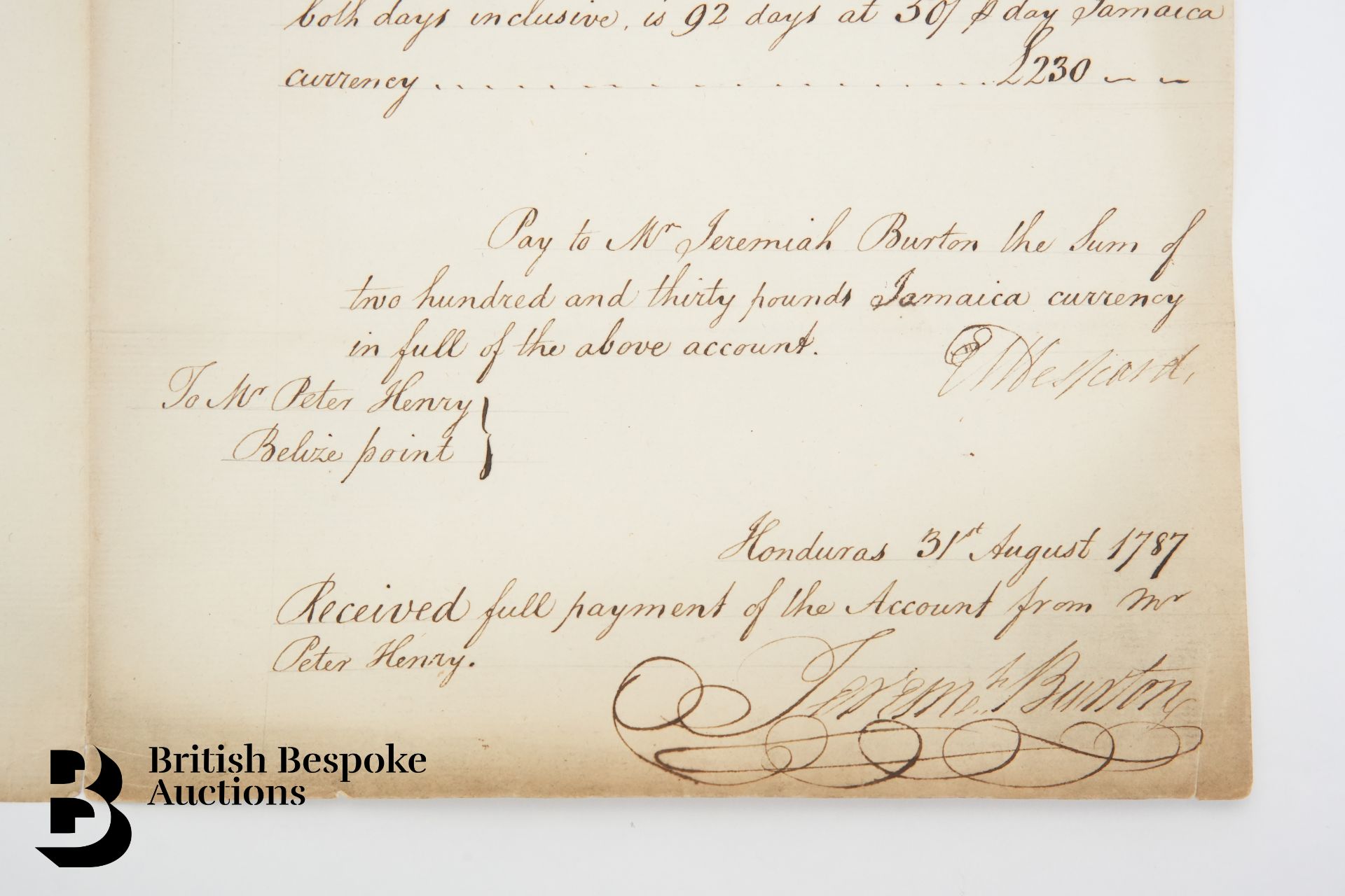 1787 Account Signed by Colonel Despard in Honduras for Payment to Jeremiah Burton Slavery Content - Bild 4 aus 5