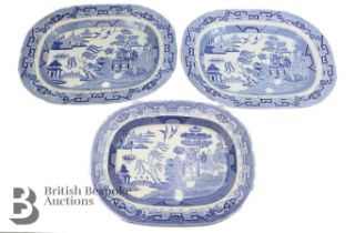 Three Blue and White Willow Pattern Meat Plates