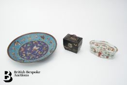 Chinese Black Lacquer Decanter Box, Cloisonne Plate and Cricket Box