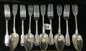 SET OF FIVE GEORGE IV IRISH SILVER FIDDLE PATTERN RAT TAIL TABLE SPOONS 23CM WITH FIVE MATCHING